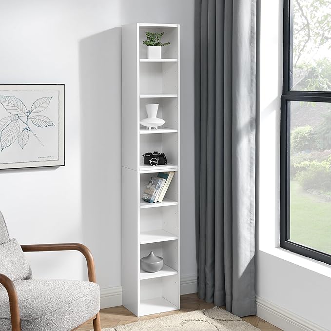 Elegant White 8-Tier Media Tower Rack - Multi-functional Slim Storage Cabinet, Ideal for CDs DVDs & Tall Narrow Bookcase for Organized Home Office!