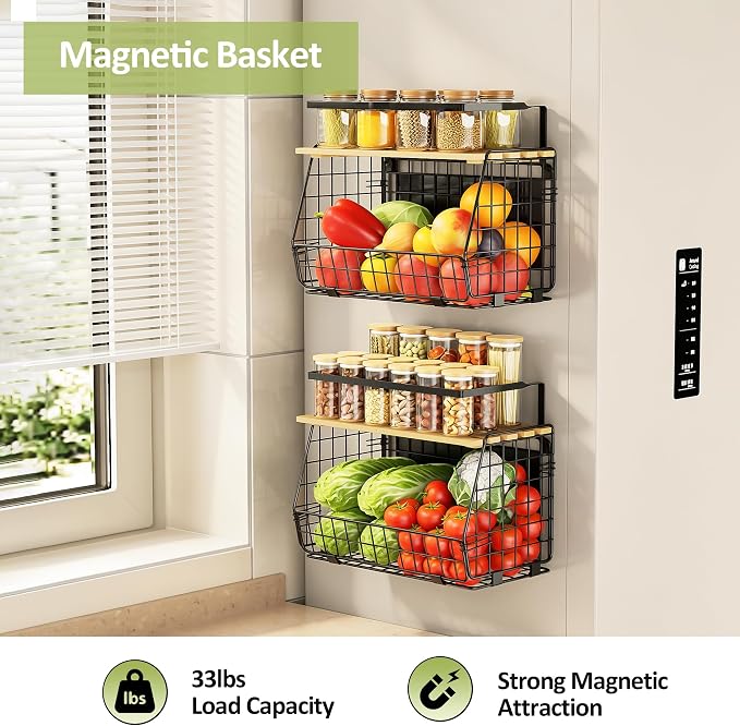 Magnetic Shelf for Fridge with Lid: 2 Pack Fruit Potato and Onion Storage Bin - Magnetic Spice Rack for Refrigerator & Kitchen Counter - Pantry Organizers and Storage