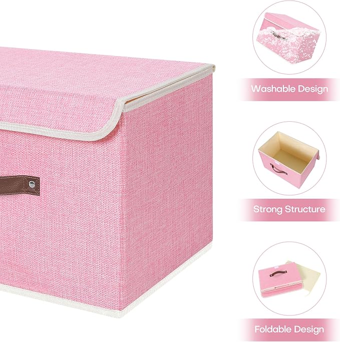 ANMINY 2PCS Storage Bin with Lid Storage Boxes with PU Leather Handles PP Plastic Board Decorative Foldable Lidded Cotton Linen Fabric Home Cubes Baskets Closet Organizer Container - Pink, Medium