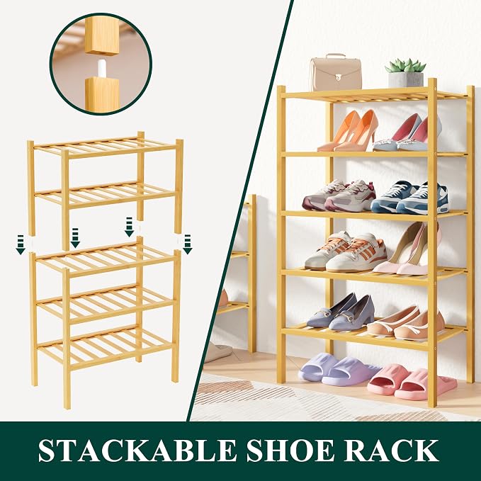 Smiry Bamboo Shoe Rack for Closet, 4 Tier Small Wooden Shoe Organizer, Stackable Wood Shoe Storage Shelf for Entryway, 14 Vertical Slats, 2+2 Stack Heavy-Duty Legs, 17.32"x11.02"x25.98", Natural