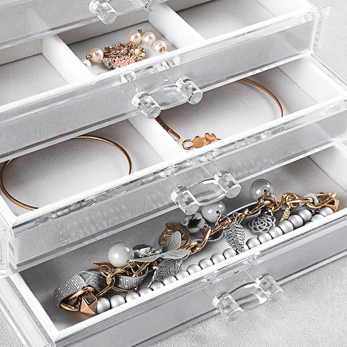 Frebeauty Extra Large Acrylic Jewelry Box for Women 5 Layers Clear Jewelry Organizer Velvet Earring Box with 5 Drawers Rings Display Case Necklaces Holder Tray for Women Girls (White) | Jewelry Storage for Rings Earrings Bracelets,Dustproof,Velvet Lini...