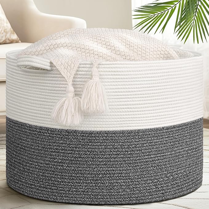 Goodpick Extra Large Woven Blanket Basket Living Room & Playroom, 115L | 23.5 x 23.5 x 15.8 In Woven Basket for Storage, Kids Toy Storage for Playroom, Laundry Basket for Towels, Gray