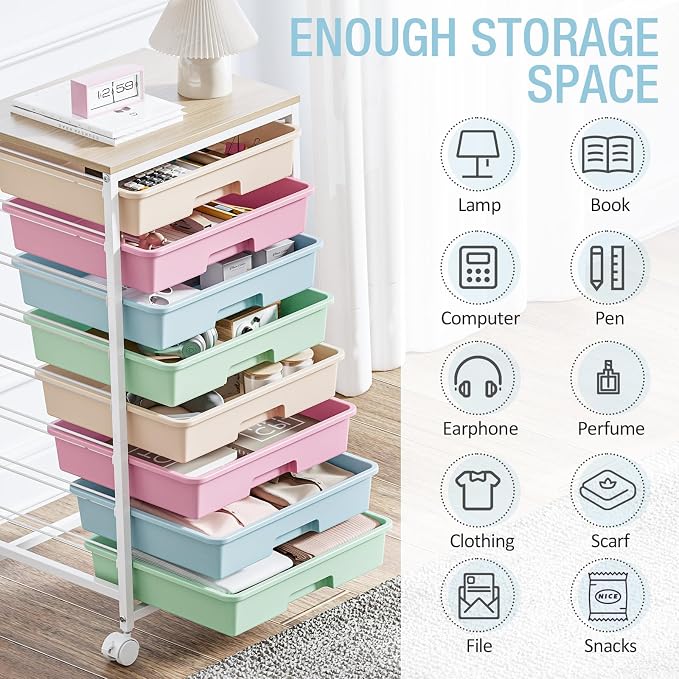 Rolling Storage Cart, Rainbow Cart with 8 Drawers and Wooden Tabletop, Teacher Organization for Classroom, Art Cart for Classroom,Office,Bedroom,Rainbow