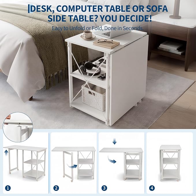 Garvee Folding Desk with Wheels, 31.5" Foldable Computer Desk with Storage Shelf, Space Saving Rolling Home Office Desk for Small Spaces, Portable Writing Table with Side Organizer, White