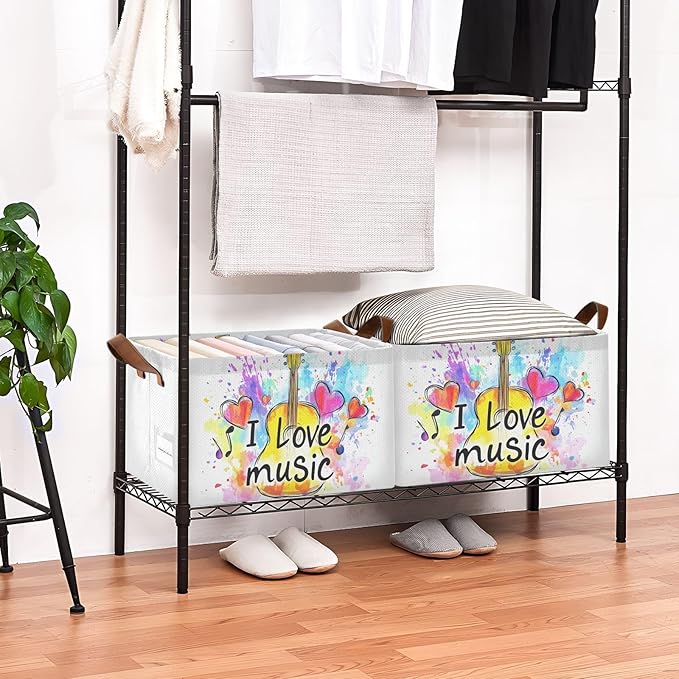 I Love Music Quoted Musical Guitar Storage Basket Foldable Cube Storage Bins with Handles&Label Collapsible Organizer Box Bin Large Rectangle Decorative Baskets for Shelves Home Living Room Closet
