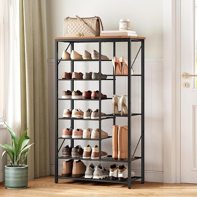 HOOBRO 8 Tier Shoe Rack for Entryway, Large Capacity Tall Shoe Storage | 27.6" L Shoe Shelf, Storage Organizer with Metal Plates, Sturdy and Stable, for Bedroom, Hallway, Closet Rustic Brown