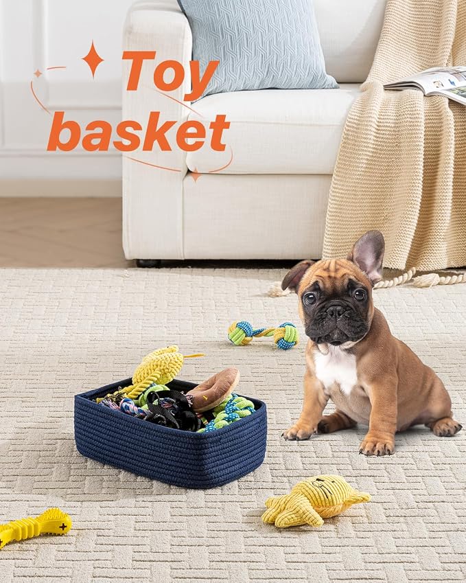 Small Woven Basket, 12 x 8 x 4.5 Inches, Storage Basket for Organizing, Cute Small Rope Shelf Closet Cube Storage Bins Baskets for Shelves, Dog Toy Gift Baskets Empty, 3 Packs, Navy Blue