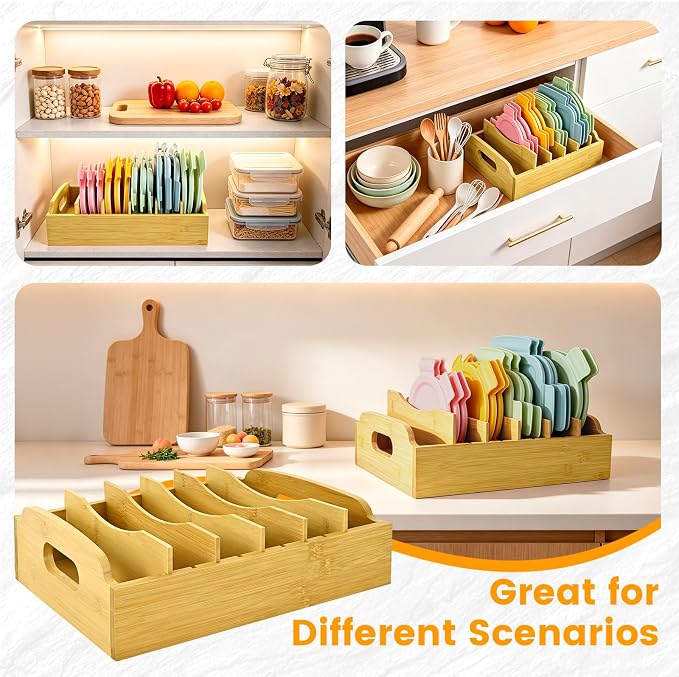 Artcochan 2 Pack Bamboo Lid Organizer, 10.6" x 8.2"/13.2" x 10"Food Storage Container Lid Holder with Adjustable Dividers, Kitchen Storge and Organization Rack for Cabinet Drawer and Countertop