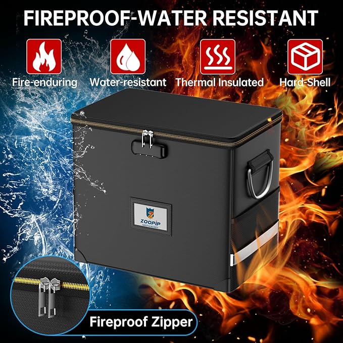 File Organizer with Lock,Fireproof Document Box,Hard Safe Box Includes 10 Hanging File Folders for Letter Size,Filing Cabinet with Fireproof Zipper,0.58 Cubic Feet