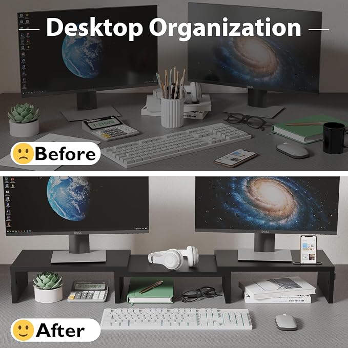BONTEC Dual Monitor Stand Riser with Smartphone Holder, Adjustable Length & Swivel Angle, Ergonomic Wooden Desktop Organizer for PC Monitor, Laptop, Printer, Large Storage, 42.5 in, Black