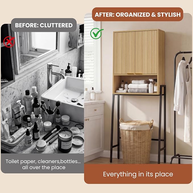 25" W Over The Toilet Storage Cabinet with Fluted Door,Bathroom Organizers and Storage with Adjustable Shelves, Modern Over Toilet Organizer for Bathroom,Restroom,Laundry,Oak