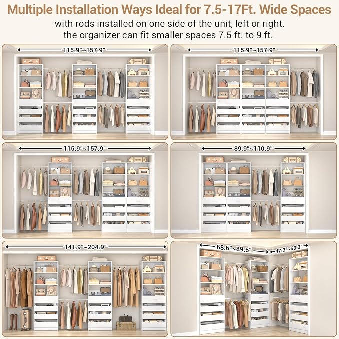 Aheaplus Closet System with 12 Drawers, 8.5-11.5Ft Wood Closet Organizer System with 4 Hanging Rods & 3 Towers, 4Ft & 6Ft L-Shaped Walk-in Closets Wardrobe Organizer Clothes Rack, Set of 3, White1