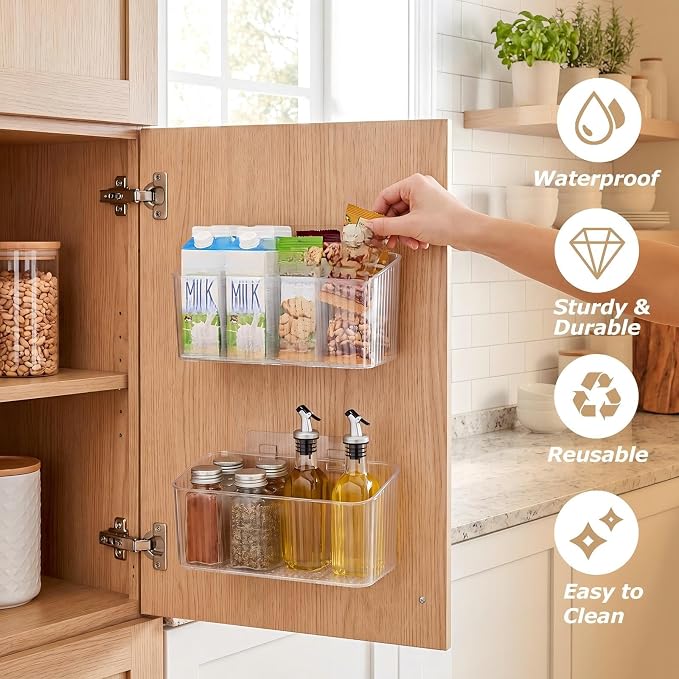 21 Pack Cabinet Door Organizer Adhesive Wall Mount Storage Bins Makeup Containers Stackable Organizer Basket for Kitchen Cabinets, Bathroom, Pantry, Office, Refrigerator (Frosted Clear)