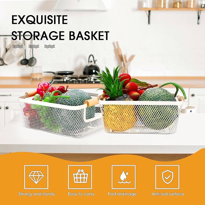 Ziliny 4 Pcs Metal Wire Basket with Wooden Handles Mesh Steel Storage Organizer Bin Containers for Home Organizing Cabinet Pantry Closet Kitchen Fridge Fruit Makeup Snacks Gifts(Small,Cream White)