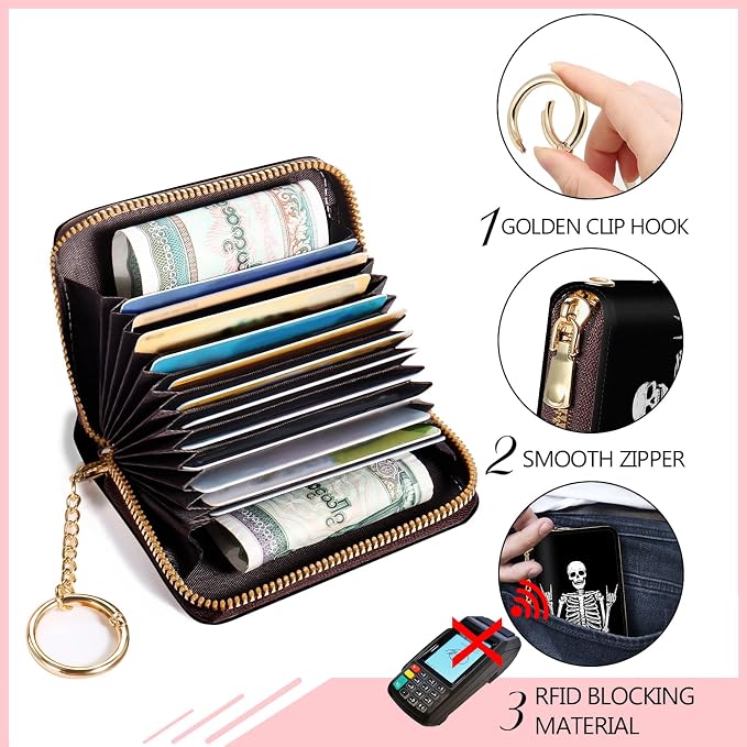 Blusabaca RFID Credit Card Holder Small Women Travel Wallet, Skull Skeleton | Removable Keychain, Case with Zipper, Vegan PU Leather, Cash Coin Pocket, Business Accordion Purse, Ladies Female Gift