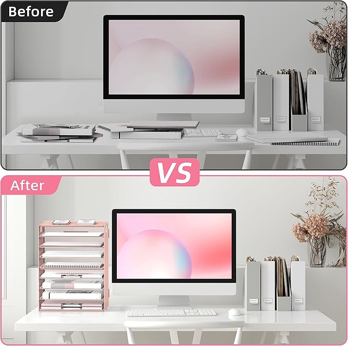 DALTACK 9-Tier Paper Organizer for Desk, Mesh Letter Tray Desk Organizer with Handles, Space-Saving File Organizer for Office Home School, Pink 2 Pack