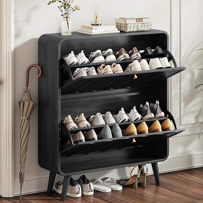 Decofy Shoe Cabinet with 2 Flip Drawers, Expanded Panel for Long Footwear, Freestanding Shoe Storage Cabinet with 3-Gear Adjustable Shelves, Narrow Shoe Cabinets for Entryway, Solid Wood Legs, Dark
