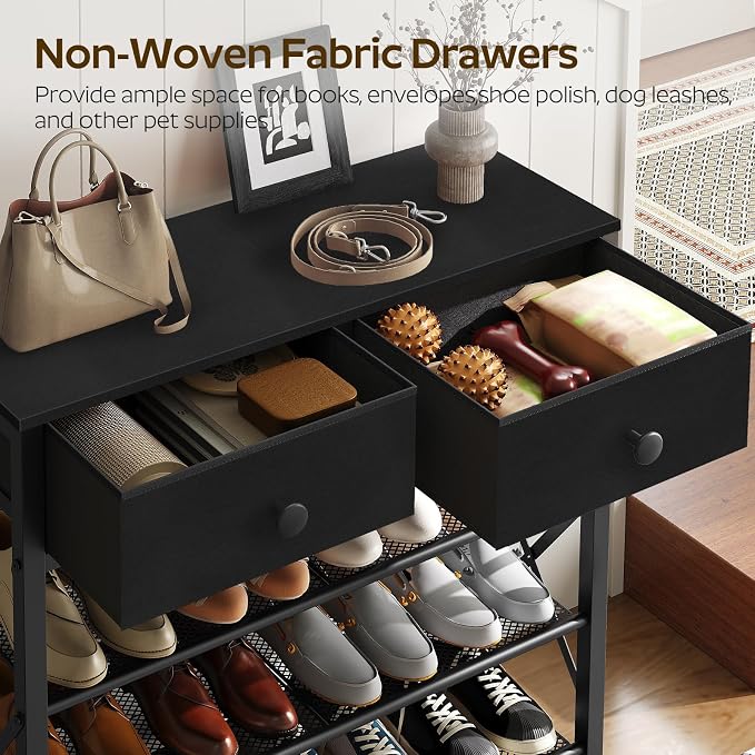 YATINEY 4 Tier Shoe Rack, Large Capacity Shoe Storage Organizer, Metal Shoe Shelf with Drawer and Wooden Top, for 16 Pairs of Shoes, for Entryway, Closet, Black SS24BB