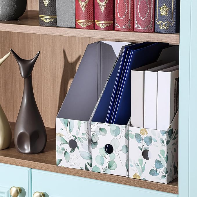 PerKoop 12 Pcs Decorative Magazine File Holders Floral Foldable File Folders Magazine Storage Boxes Rack Desk Organizer Documents with Printable Labels for School Office Home (Eucalyptus Leaves)