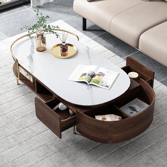 Lartis Oval Coffee Table in Walnut, Sintered Stone Living Room Table with Semi-Circular Storage,Multi Functional Marvel for Modern Living Room (White, 51 in)