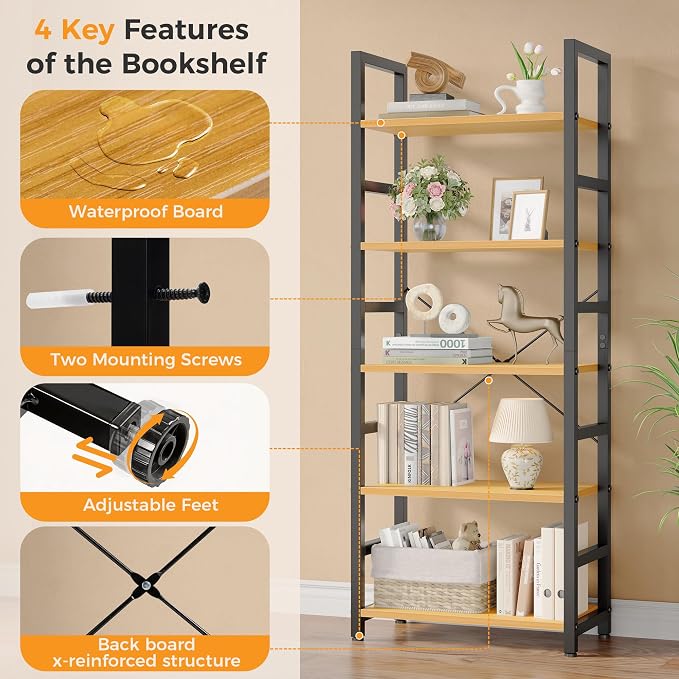 DUMOS 5-Tier Bookshelf, Modern Tall Bookcase Book Shelf | Open Storage Display Shelf for Living Room, Bedroom, Home Office, Narrow Standing Shelving Unit for Books, CDs, Décor Wood