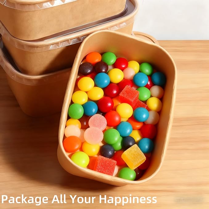 25 oz 50 Pack Paper Meal Prep Containers with Lids, Disposable Food Containers, Brown Rectangular Paper Bowls with Lids for Snacks, Salad, Soup, Thanksgiving, Christmas