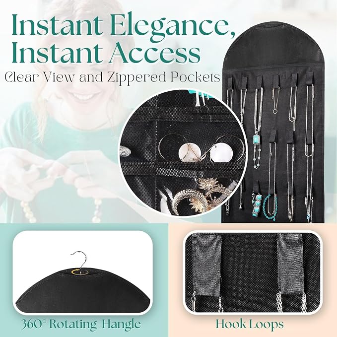 Flexzion Hanging Jewelry Organizer – (1 Pack) Black 32 Clear Pockets & 18 Hooks & Loops, Non-Woven Bag Dual Side Earring Storage Display Holder with for Necklace Bracelet Sunglasses | Double-sided jewelry storage bag with clear pockets and hook-and-loo...