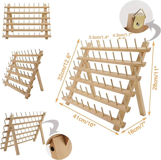 New brothread 2X60 Spools Wooden Thread Rack/Thread Holder Organizer with Hanging Hooks for Embroidery Quilting and Sewing threads