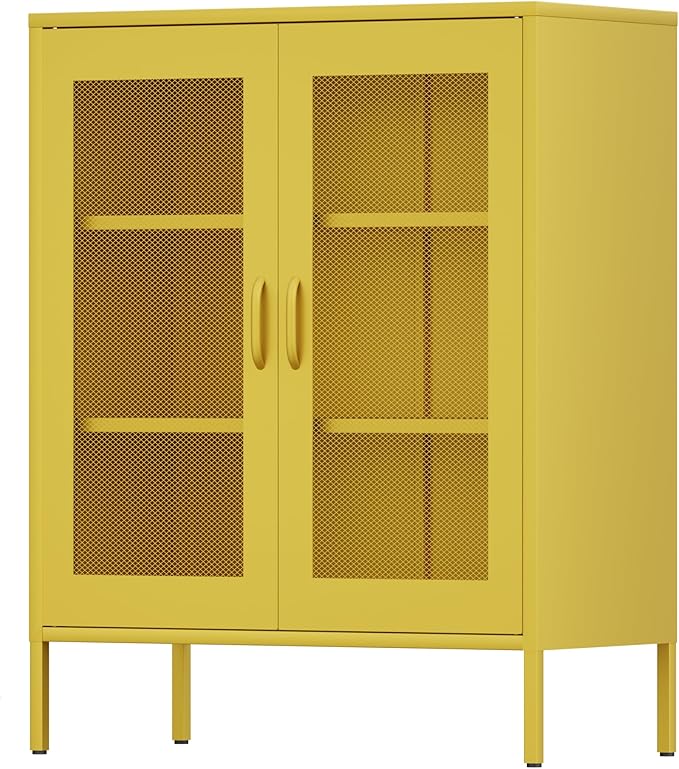 Ustamio Yellow Metal Storage Cabinet with Mesh Doors, Office Metal Locker Cabinet, Metal Display Cabinet with 2 Adjustable Shelves for Home, Office, Kitchen