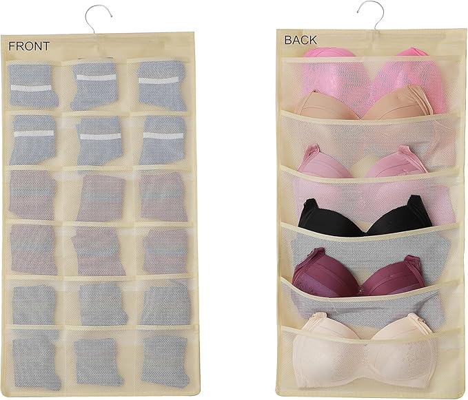 Hanging Mesh Pockets Dual-Sided Closet Organizer for Underwear,Bra,Socks,Accessories with Hanger,Total 24 Pockets Beige