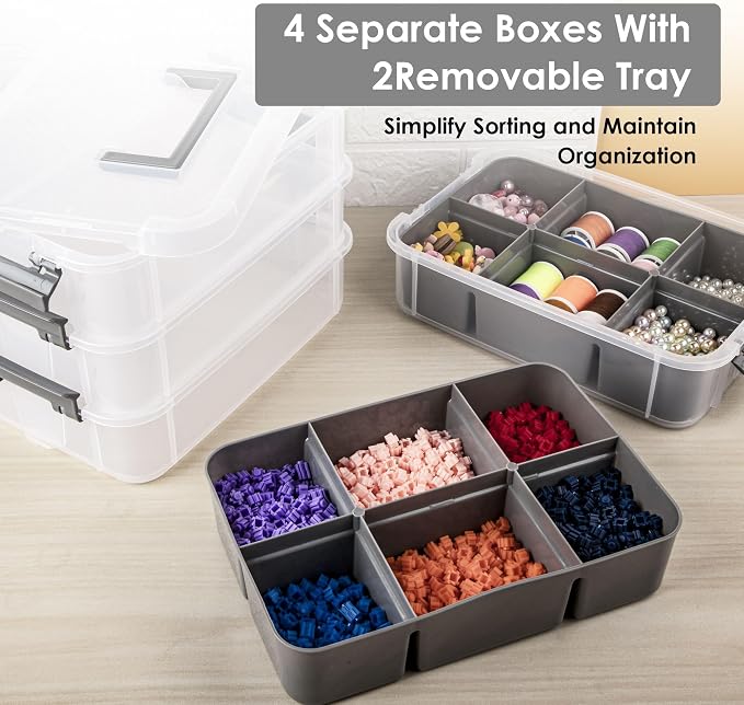 CraftGenes Craft Organizers and Storage, 4-Tier 10 Qt Box, 2 Trays, Grey | Clear Compartments; Dual Removable Inserts; Carry Handle; Side Latches; Beads, Ribbon, Stamps, Scrapbook Pieces, DIY Tools