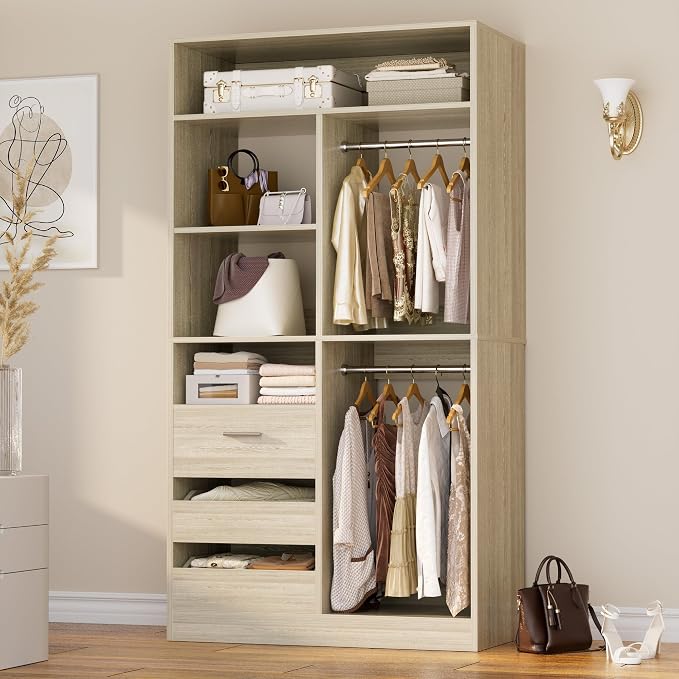 36 Inches Modular Closet Drawers System, 3FT Wood Closet Organiser with Closed & Half-Open Drawers, Walk-in Freestanding Wardrobe Storage Cabinet with 6 Shelves, White Oak (36"L x 15" W x 80" H)