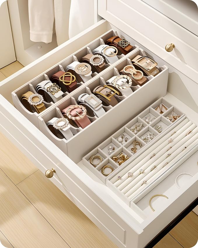 Lolalet Belt Organizer for Closet, Belt Box & Storage Drawer -Cream | PU Leather Belt Holder with 7 Extra-Wide Compartments, Soft Lining, Fits Entryway Cabinet, for Women, 1 Pack