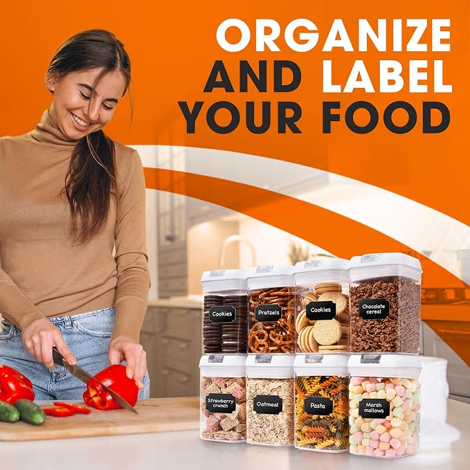 Set of 8 Airtight Food Storage Containers - Pantry Organizer Bins, BPA Free Plastic Containers plus Dry Erase Marker and Labels, White
