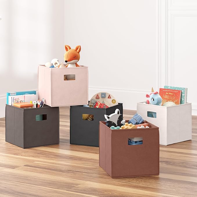 RiverRidge Folding Storage Bins - 2-pack of 10in Tall Brown Cubes | Fabric Bins, Set of 2 Storage Cubes, Cut-out Handles, Playroom Closet Organizer, Collapsible Cubby with Bottom Board Insert
