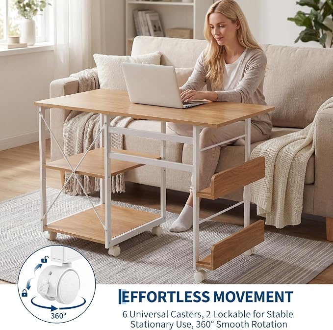Garvee Folding Desk with Wheels, 31.5" Foldable Computer Desk with Storage Shelf, Space Saving Rolling Home Office Desk for Small Spaces, Portable Writing Table with Side Organizer, Oak