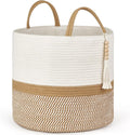 Mkono Woven Storage Basket Decorative Natural Rope Basket Wooden Bead Decoration for Blankets,Toys,Clothes,Shoes,Plant Organizer Bin with Handles Living Room Home Decor, 16"W×13.8"L, White and Brown