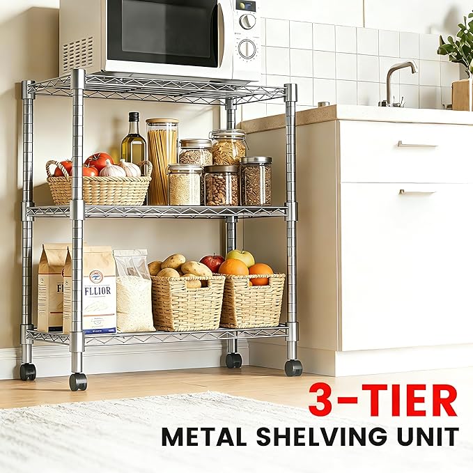 Xcity Storage Shelves, 3 Tier Heavy Duty Metal Shelving Unit with Wheels, 1050 LBS Adjustable Steel Wire Shelf for Commercial, Pantry, Kitchen, Garage, 14" D x 24" W x 30" H, Chrome