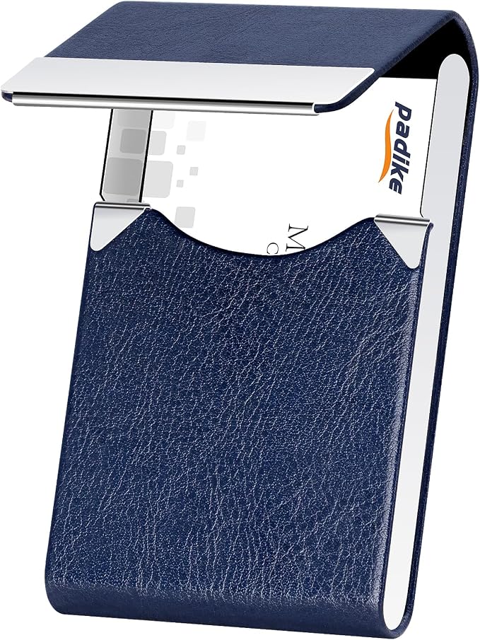 Padike Professional Business Card Holder PU Leather Business Card Case Name Card Holder Slim Metal Pocket Card Holder with Magnetic Shut (Z-Blue)
