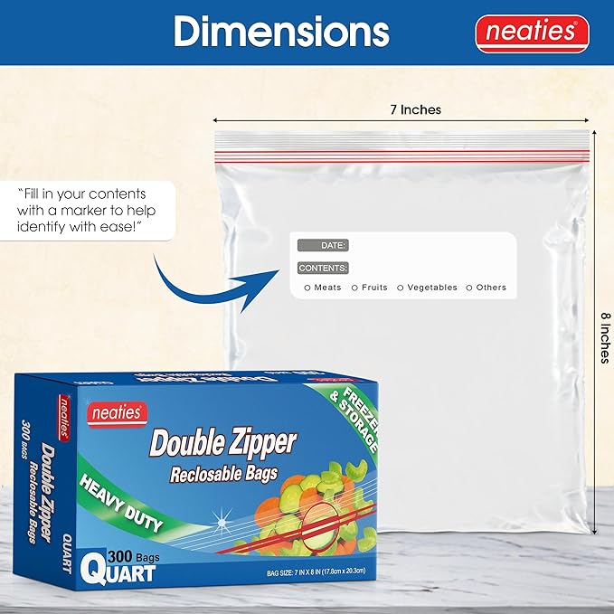 Neaties 1 Quart Resealable Bags – Medium Sized Heavy Duty Freezer Bags with Dual Zipper – 7x8" with Writable Space for Kitchen or Home Storage – BPA-Free Food Grade Plastic – 300 Pack