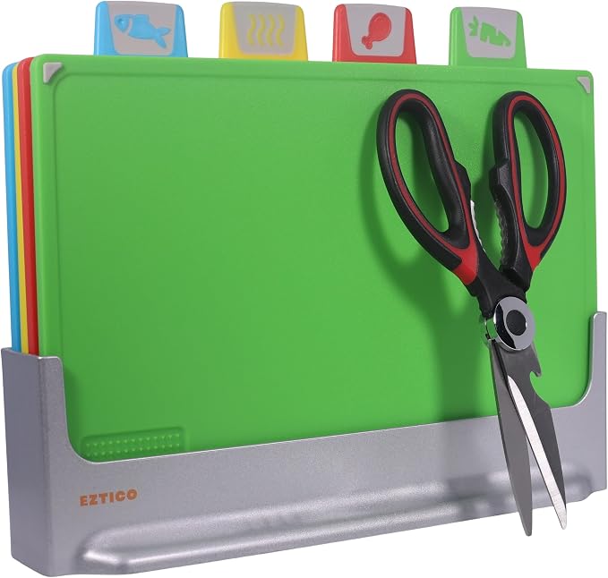 Cutting Board Set: 4-Piece Color-Coded, Non-Slip, BPA-Free, Perfect kitchen essentials for new home, Dishwasher Safe with Premium Scissors and Chopping Board Organizer, Quality kitchen stuff.