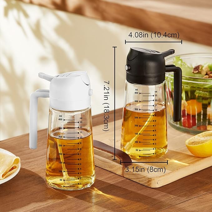 TrendPlain 16oz/470ml Glass Olive Oil Sprayer for Cooking – 2 in 1 Olive Oil Dispenser Bottle for Kitchen Gadgets and Air Fryer Accessories, Salad, BBQ - 2 Black