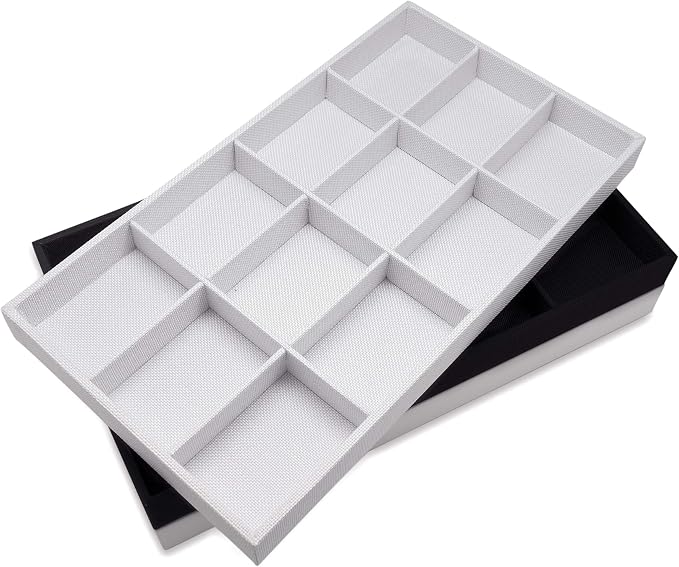 The Display Guys - Stackable Jewelry Tray and Organizer - for Drawers, Dressers, Store Display (12 Compartments, White Leatherette)