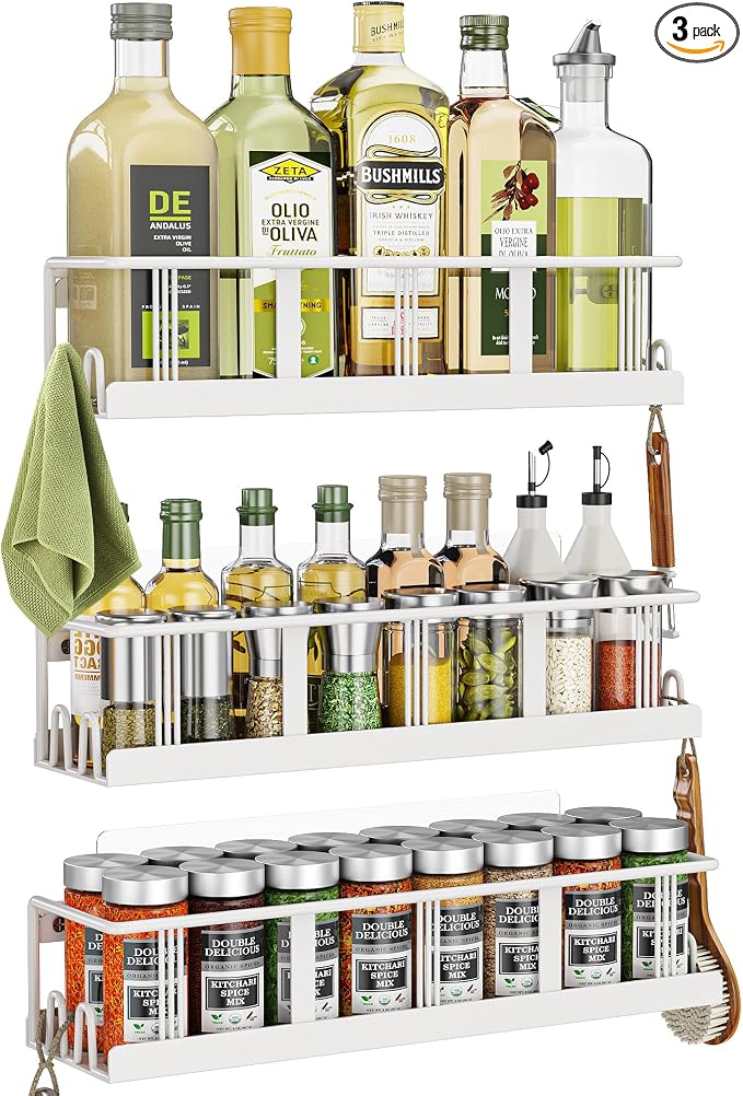 Bunoxea Spice Rack Wall Mounted 3 Pack,RV Spice Rack,White | 12 Built-in Hooks,3 Versatile Sizes, Space-Saving,Flat Base, Screw or Adhesive, For Kitchen Cabinet, Pantry Door,Stove,RV
