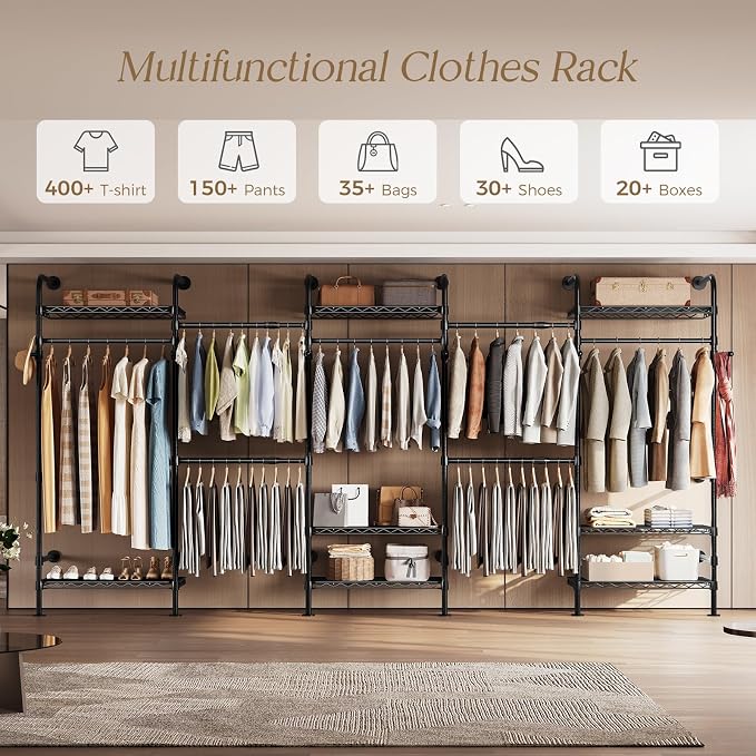 Wall Mounted Closet System, Heavy Duty 5-Row Clothes Rack, Expandable Industrial Pipe Closet Organizers and Storage with 4 Telescopic Rods, 3 Fixed Rods, 6 Hooks & 8 Shelves for Wardrobe, Bedroom