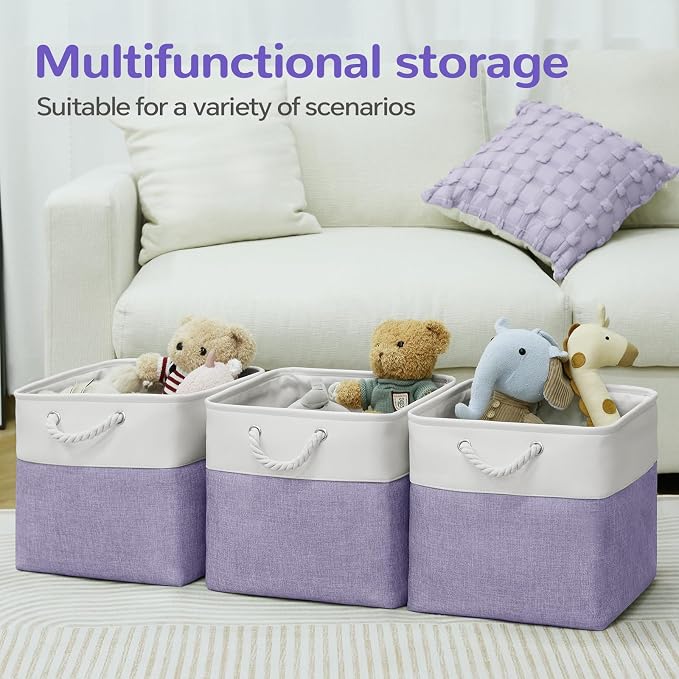 12 x 12 Inch Cube Storage Bins, 4 Pack Fabric Storage Basket with Handles, Foldable Boxes Organizer for Shelf Baskets for Home, Clothes (White/Purple)