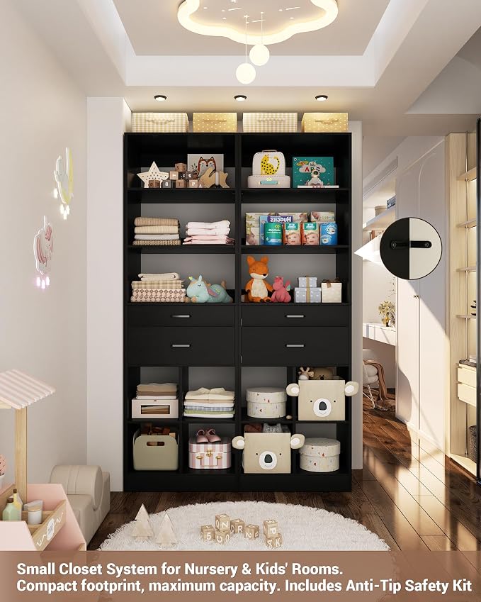 Besiost 22" Closet System with Drawers, 1.85 FT Small Closet Organizer for Walk in Closet, Bedroom & Nursery, Wardrobe Storage Unit with Storage and Shelves, Enclosed Storage Volume 2.58 ft³, Black