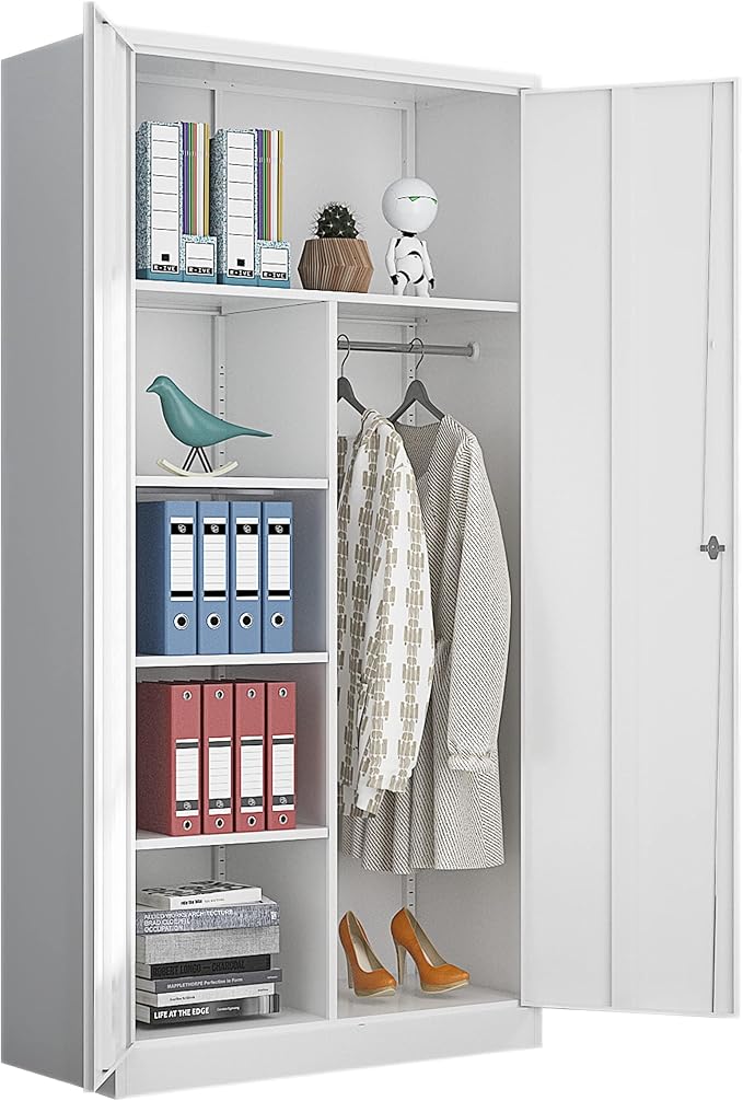 Yizosh Metal Armoire Wardrobe Closet Cabinet for Hanging Clothes with Lock Doors, -72" Steel Lockable Wardrobe Storage Locker Clothes Organizer for Bedroom, Laundry Room (White)