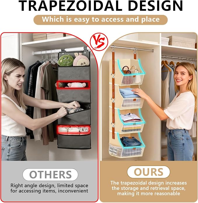 Fabric 4 Tier Hanging Closet Organizers Heavy Duty Shelf Hanging Storage Towel Clothes Sweater Jeans Bag Organizer For Closet For Bedroom,Dorm,RV,See Through Front Panel, Space-Saving (Beige-4Tier)
