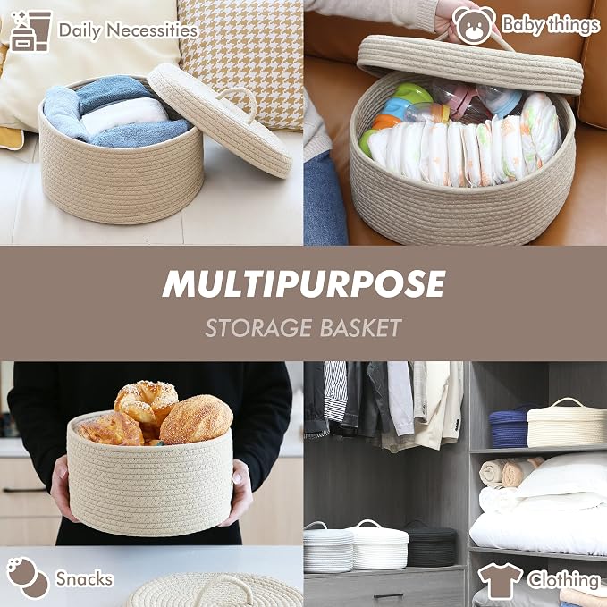 Sea Team Round Cotton Rope Storage Basket with Lid, Lidded Woven Storage Bin, Nursery Storage Container, Diaper Caddy, Baby Shower Basket, Box, Organizer, 11.8 x 11.8 x 6.7 Inches (Medium, Khaki)